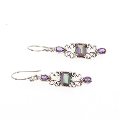 925 Sterling Silver Vintage Real Amethyst Mystic Topaz Modernist Dangle Earrings