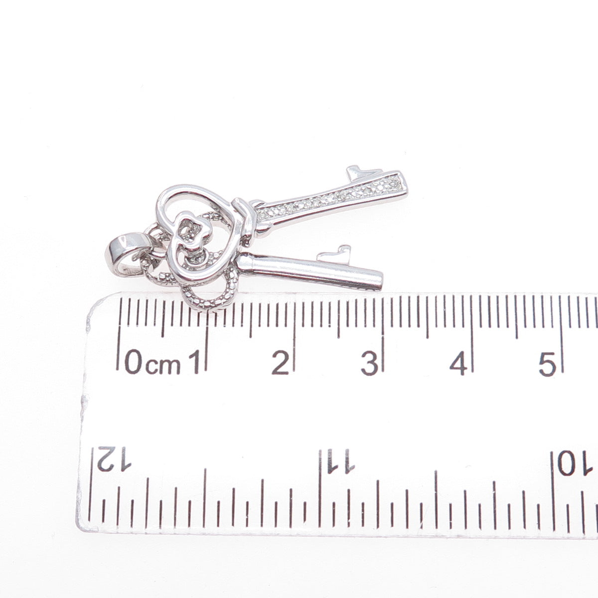 925 Sterling Silver Real Round-Cut Diamond Heart & Club Key Charm Pendant