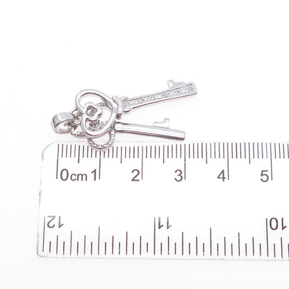 925 Sterling Silver Real Round-Cut Diamond Heart & Club Key Charm Pendant