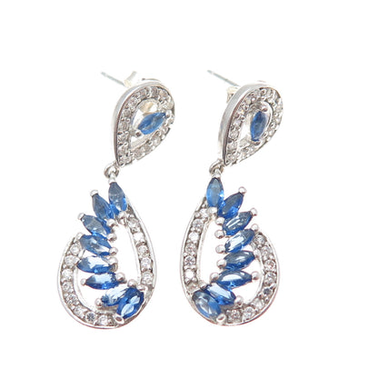 925 Sterling Silver Marquise & Round-Cut Blue White C Z Dangle Earrings