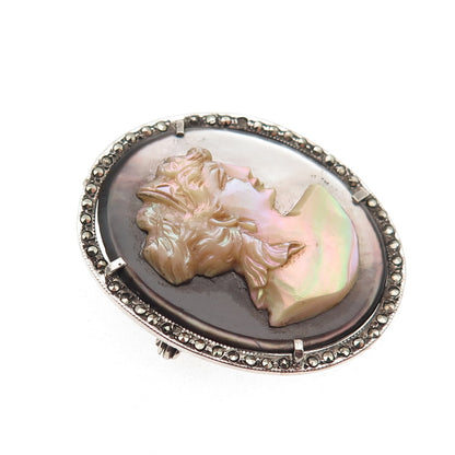 900 Silver Antique Real MOP & Marcasite Lady Cameo Pin Pendant (missing 1 stone)
