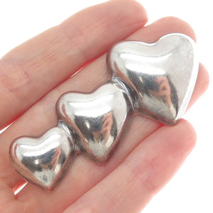 925 Sterling Silver Vintage Graduated Triple Puffy Heart Pin Brooch