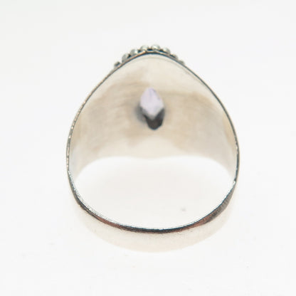925 Sterling Silver Vintage Real Marquise-Cut Amethyst Beaded Ring Size 6