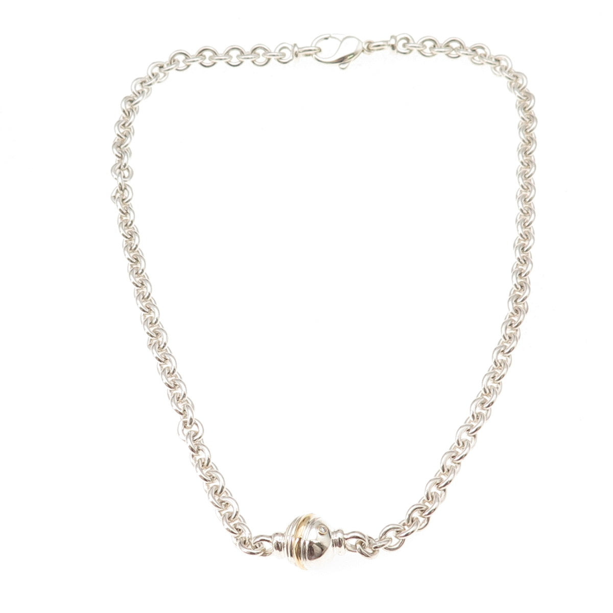 925 Sterling Silver 14K Gold Real Diamond Ball Rolo Chain Necklace 16"
