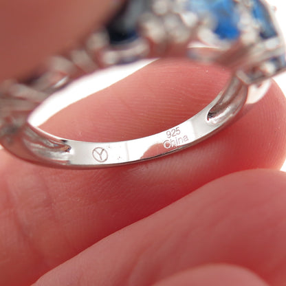 925 Sterling Silver Oval-Cut Blue & Round-Cut White C Z Ring Size 6