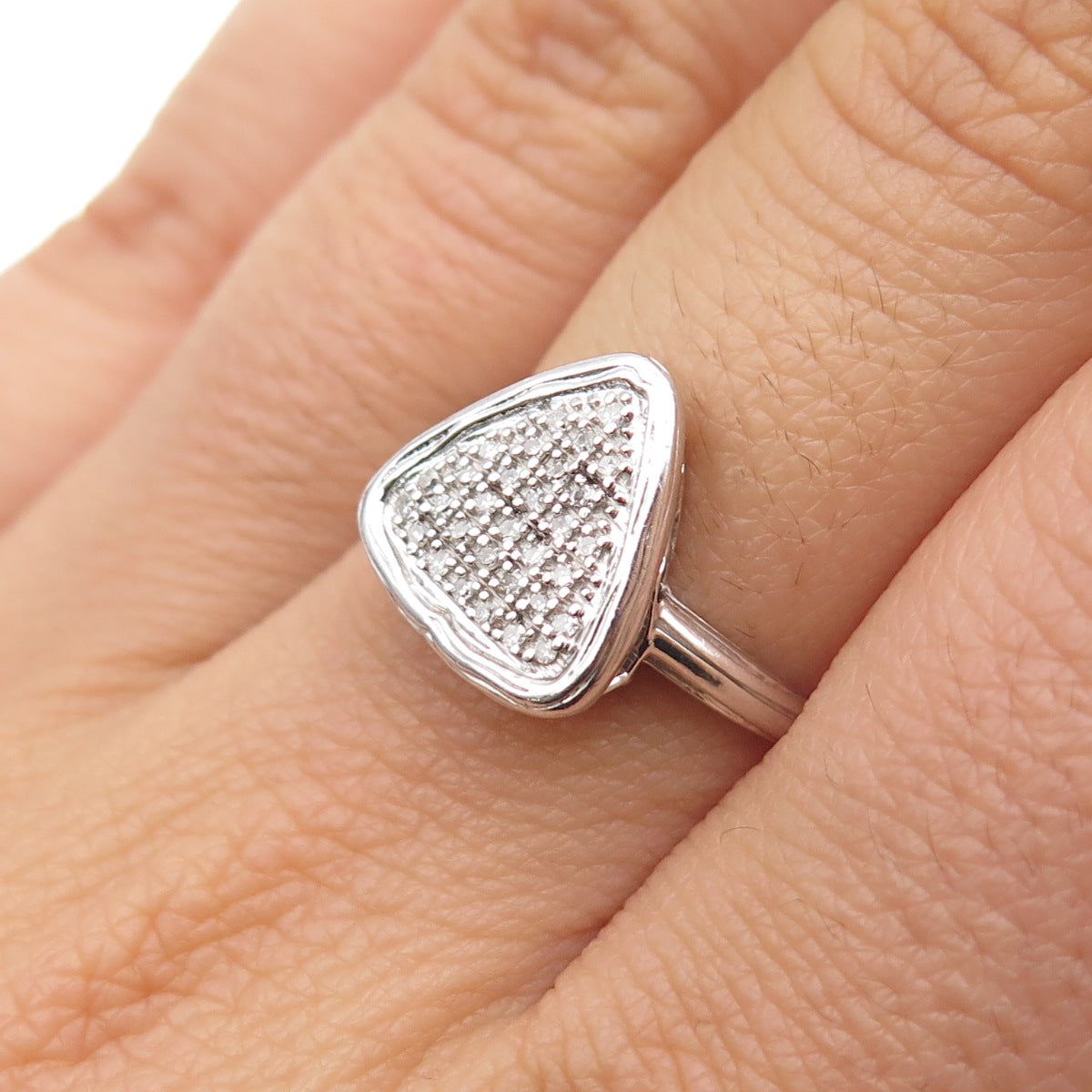 925 Sterling Silver Real Round-Cut Diamond Triangle Ring Size 7