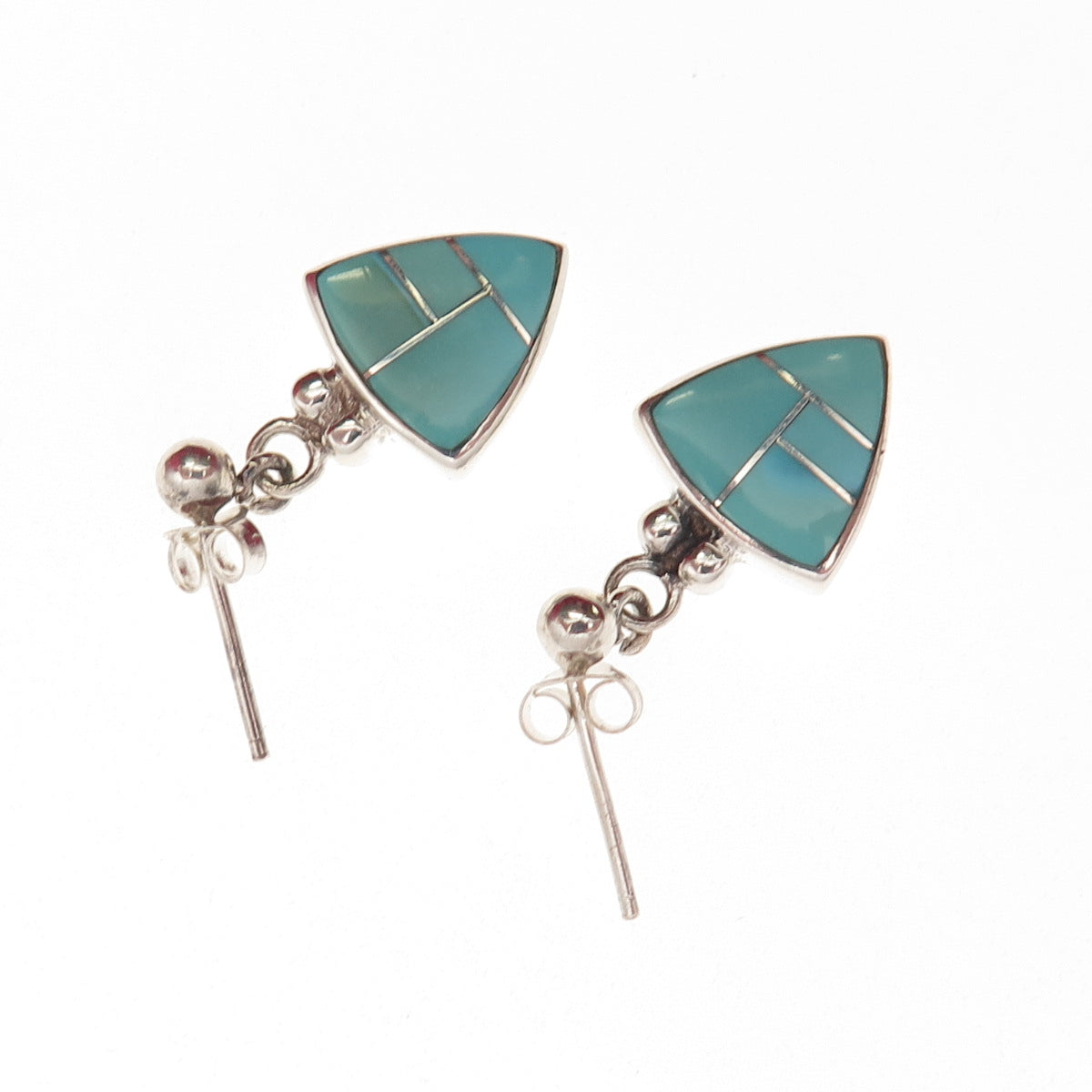 925 Sterling Silver Vintage Real Tyrone Turquoise Triangle Dangle Earrings