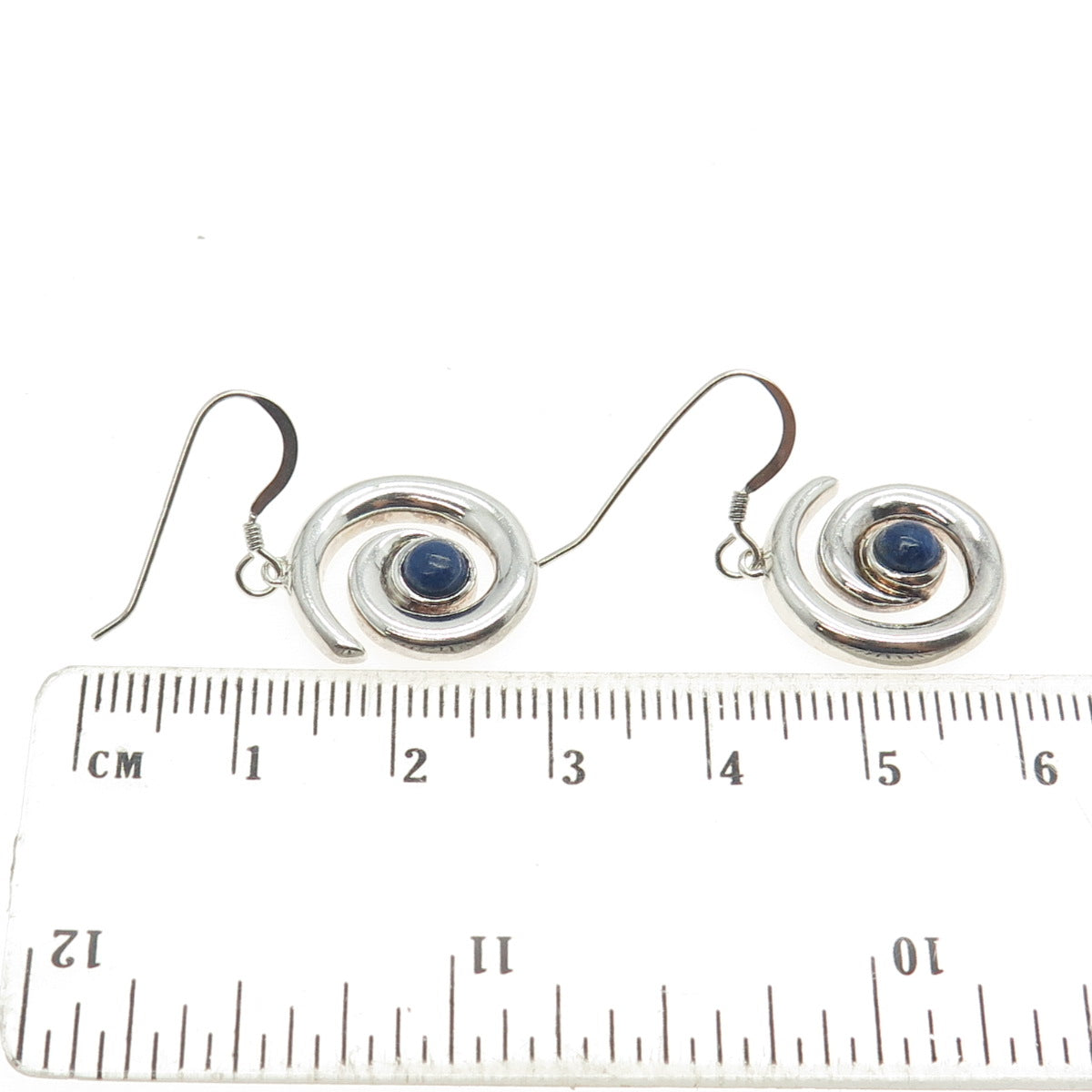 925 Sterling Silver Vintage Real Lapis Lazuli Gemstone Spiral Dangle Earrings