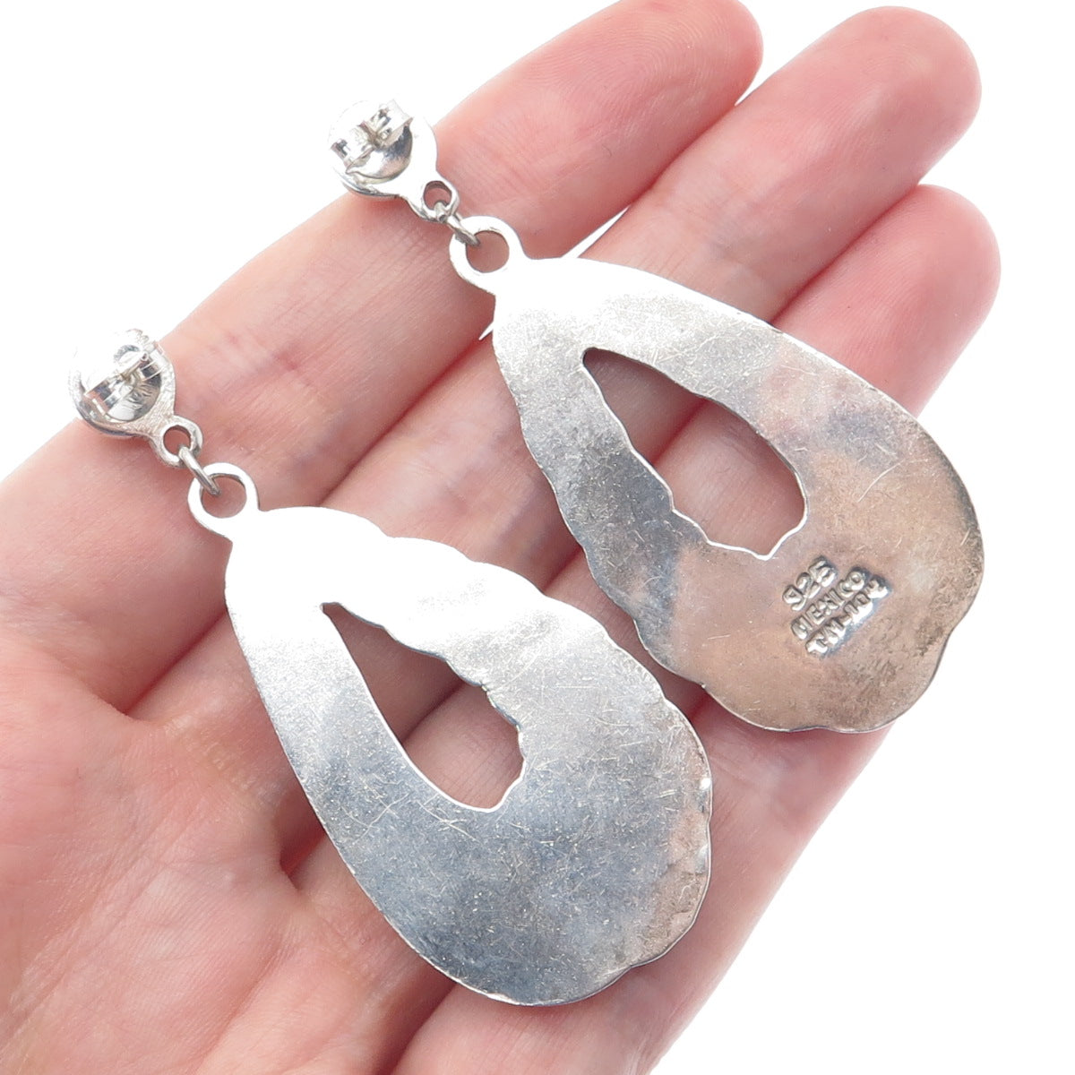 925 Sterling Silver Vintage Mexico Modernist Puffy Teardrop Dangle Earrings