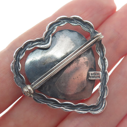 BEAU 925 Sterling Silver Antique Art Deco Heart Oxidized Pin Brooch