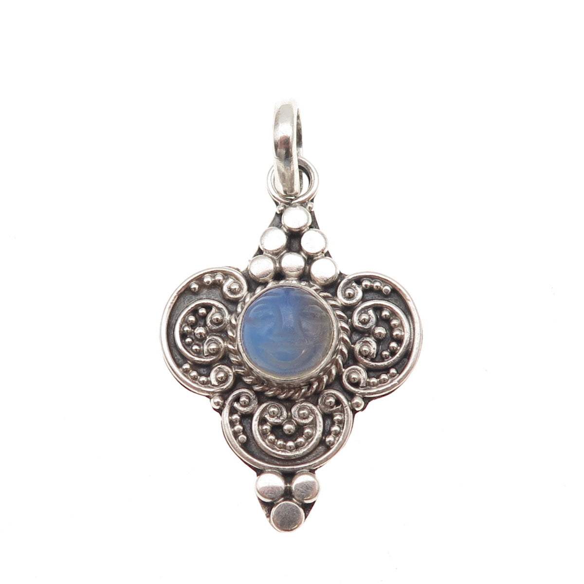 925 Sterling Silver Vintage Real Moonstone Moon Goddess Granulated Charm Pendant