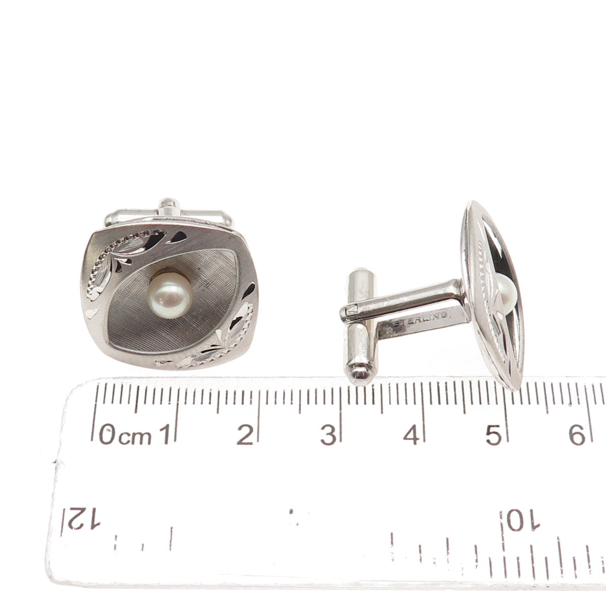925 Sterling Silver Vintage Real Pearl Engraved Modernist Cufflinks