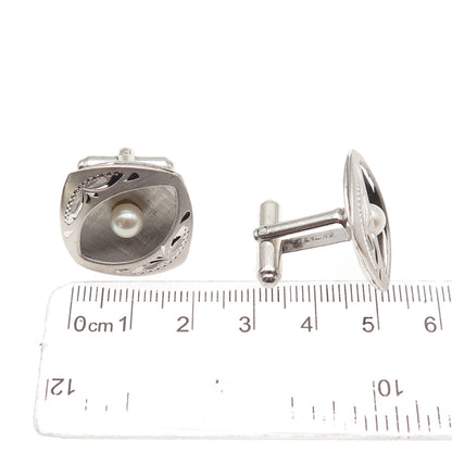 925 Sterling Silver Vintage Real Pearl Engraved Modernist Cufflinks