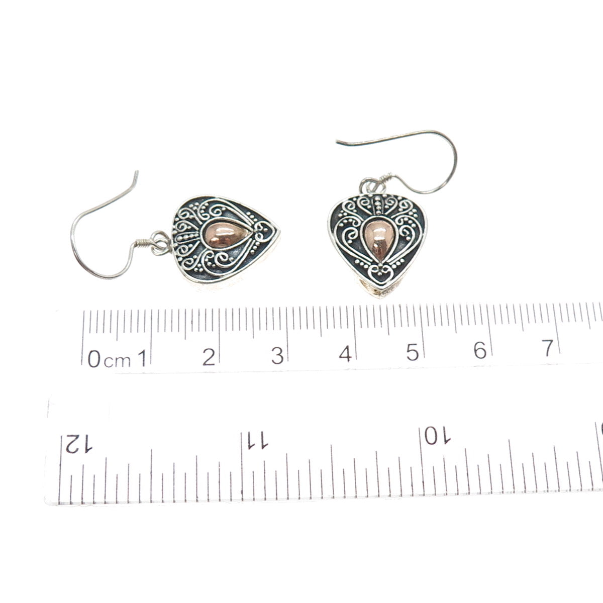 925 Sterling Silver 2-Tone Vintage Granulated Heart Oxidized Dangle Earrings