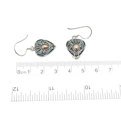 925 Sterling Silver 2-Tone Vintage Granulated Heart Oxidized Dangle Earrings