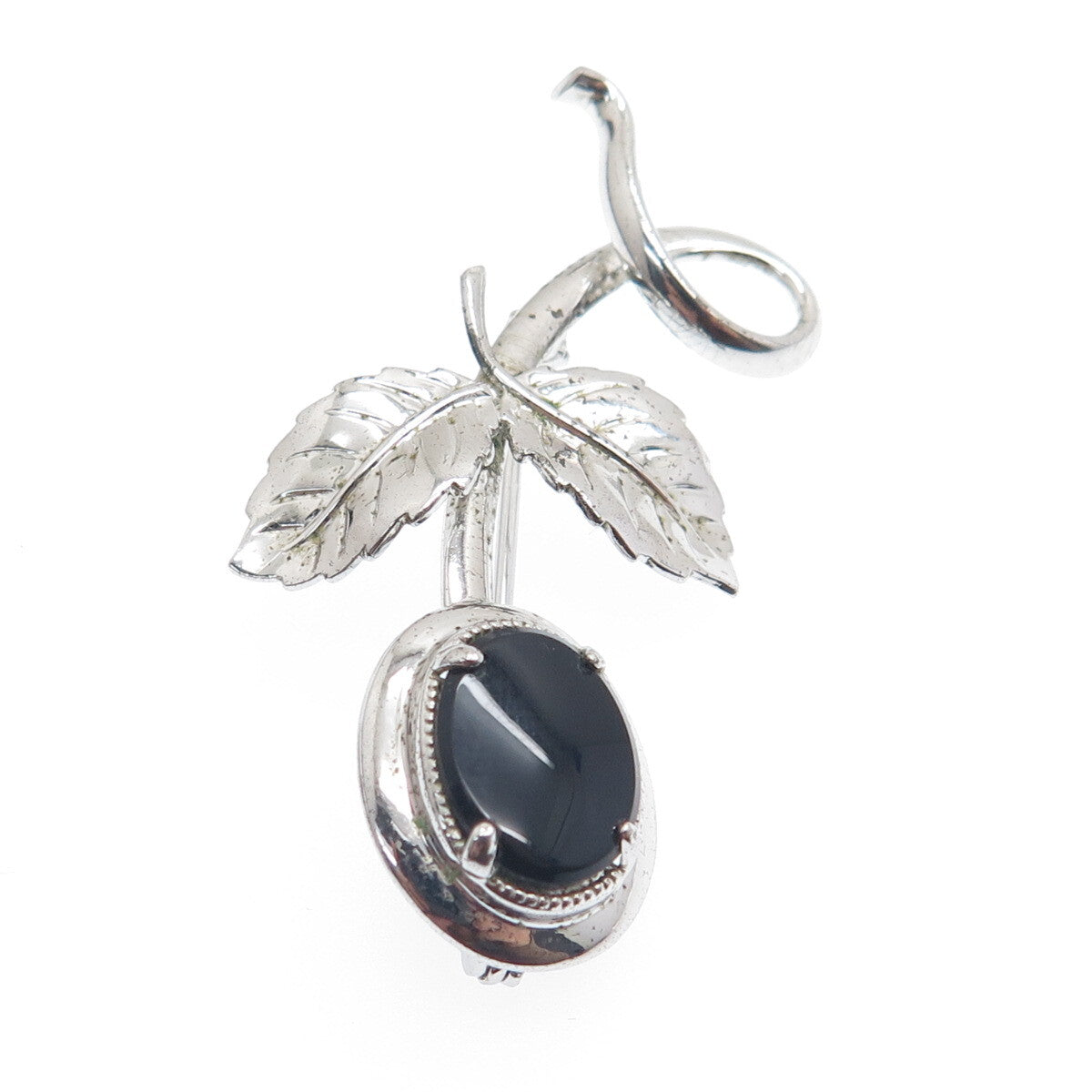 AMCO 925 Sterling Silver Antique Real Black Onyx Flower Letter "L" Pin Brooch