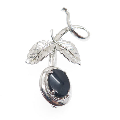 AMCO 925 Sterling Silver Antique Real Black Onyx Flower Letter "L" Pin Brooch
