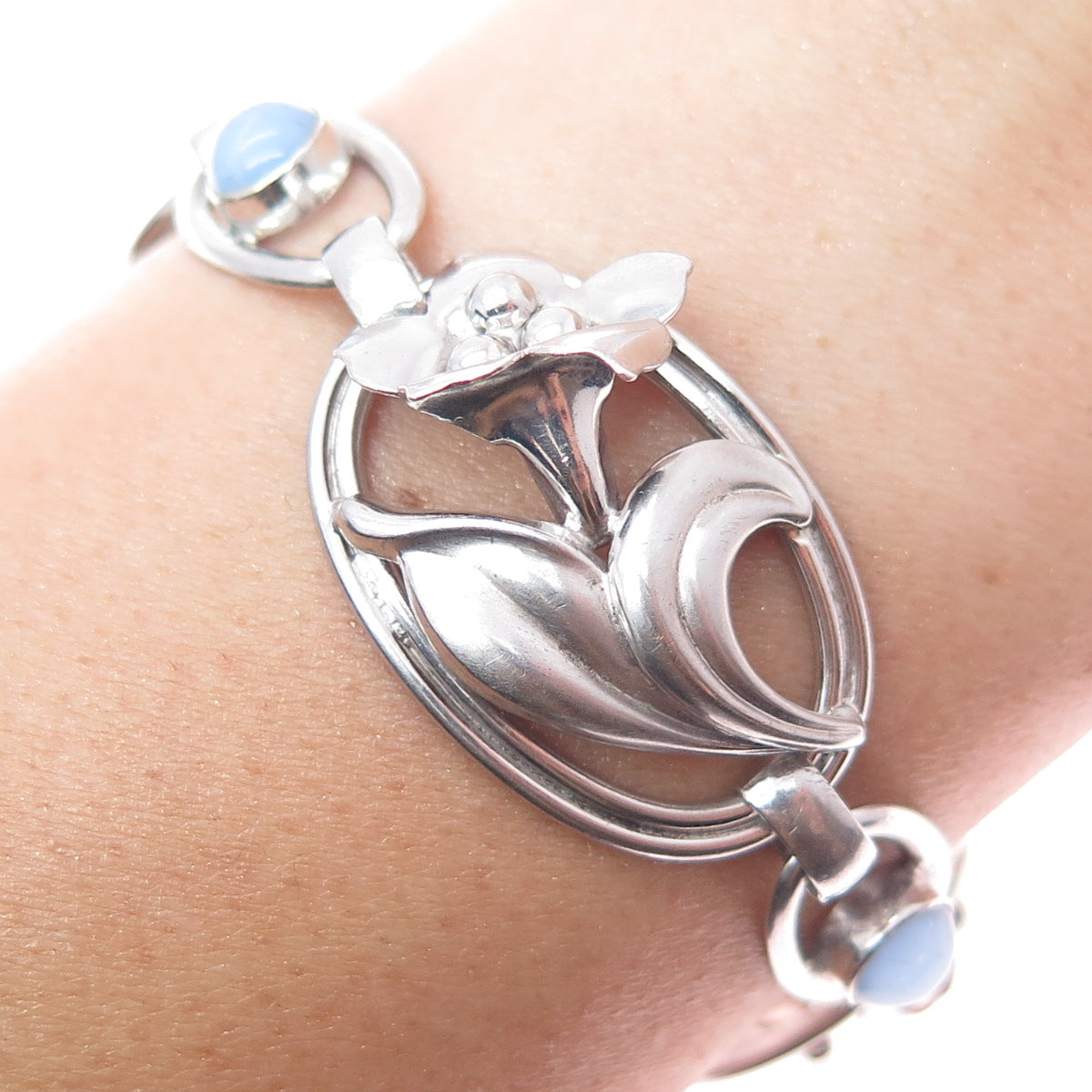CARL ART 925 Sterling Silver Antique Art Deco Opalite Flower Bracelet 7"