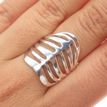 925 Sterling Silver Vintage Modernist Spine Link Ring Size 8