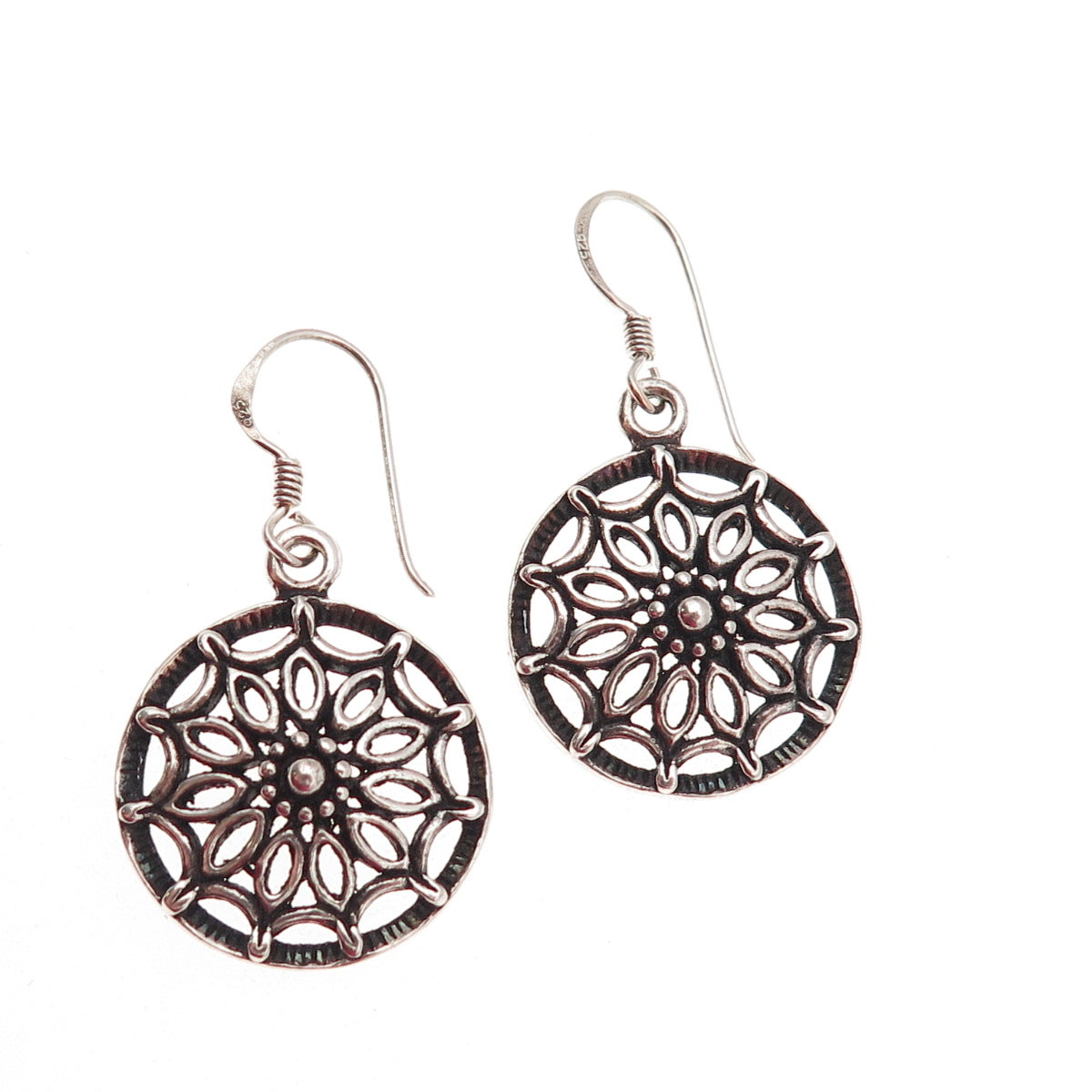 925 Sterling Silver Vintage Floral Oxidized Dangle Earrings