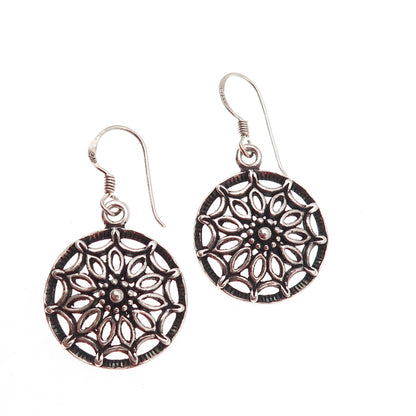 925 Sterling Silver Vintage Floral Oxidized Dangle Earrings