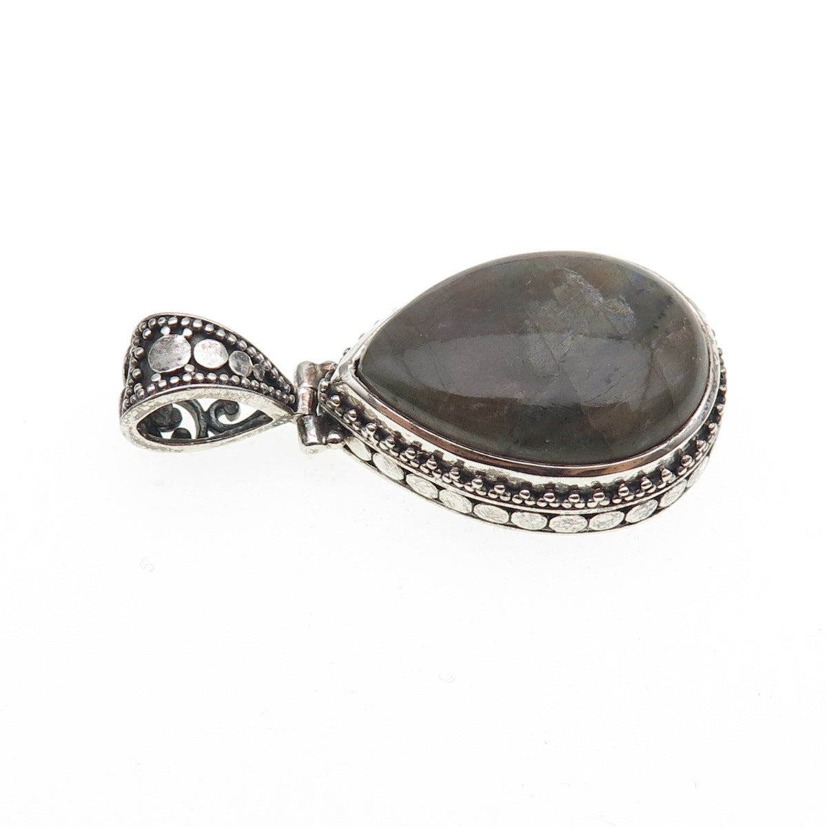 925 Sterling Silver Vintage Real Pear-Cut Labradorite Ornate Oxidized Pendant