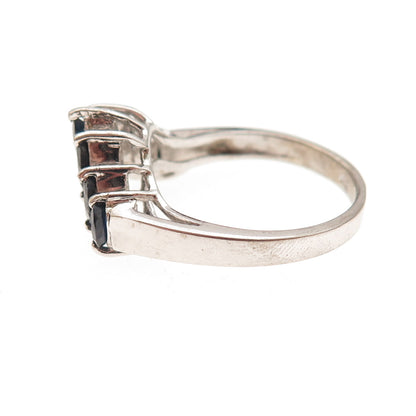 925 Sterling Silver Vintage Real Marquise-Cut Sapphire Oxidized Ring Size 8