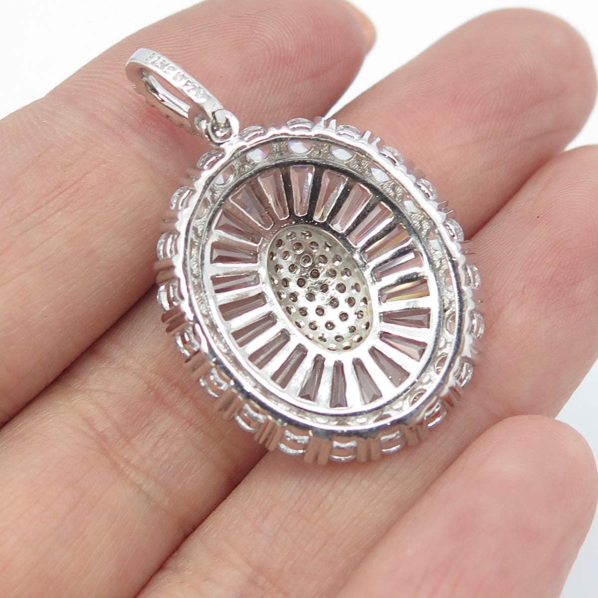 925 Sterling Silver Tapered Baguette & Round-Cut Shaped C Z Oval Pendant