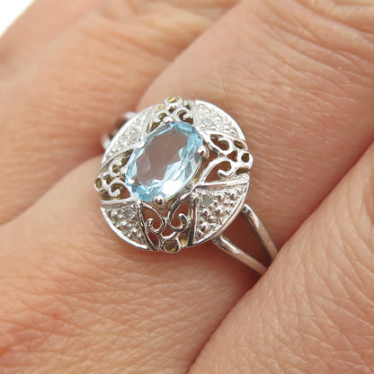 925 Sterling Silver Real Round-Cut Diamond & Blue Topaz "X" Ring Size 7