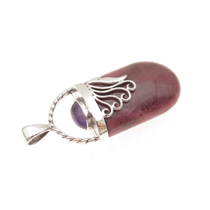 925 Sterling Silver Vintage Real Rhodonite & Amethyst Floral Charm Pendant