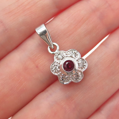 925 Sterling Silver Real Round-Cut Ruby & C Z Flower Minimalist Slide Pendant