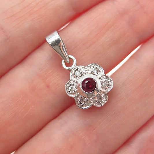 925 Sterling Silver Real Round-Cut Ruby & C Z Flower Minimalist Slide Pendant
