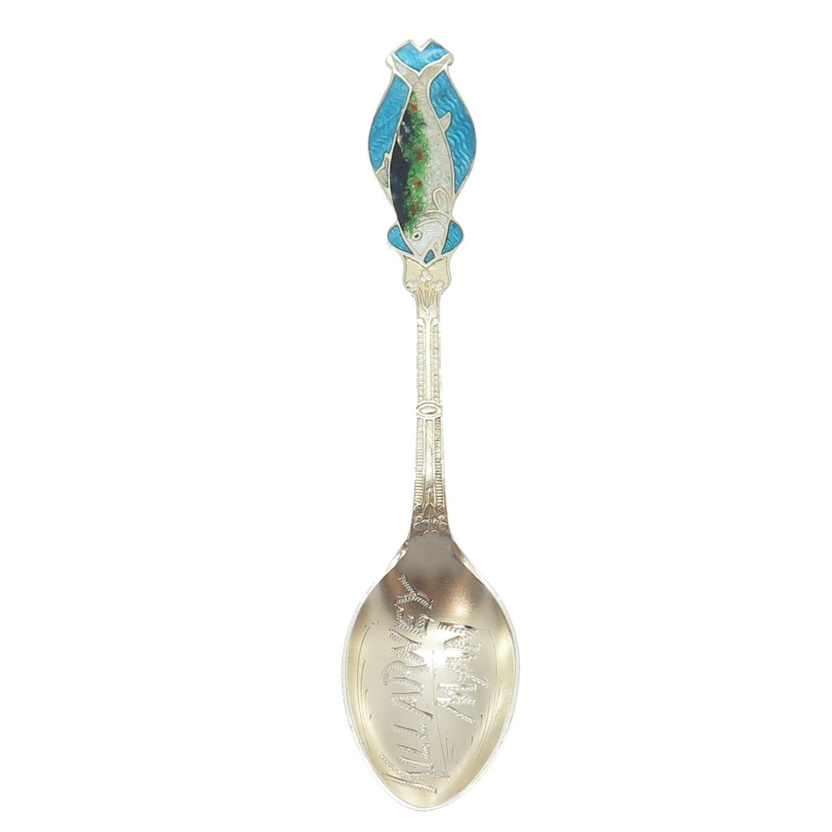 Toronto Jewelry Mfg Co. Sterling Antique Enamel Killarney Man Fish Coffee Spoon
