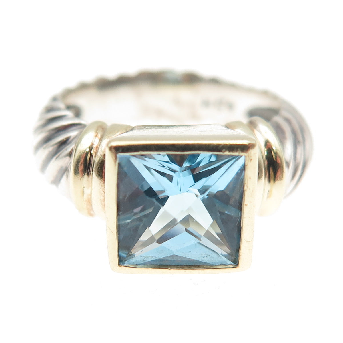 David Yurman 925 Sterling Silver 14K Gold Vintage Real Blue Topaz Ring Size 6.5