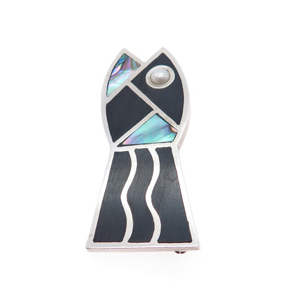 925 Sterling Silver Vintage Real Abalone Shell & Pearl Fish Pin Brooch