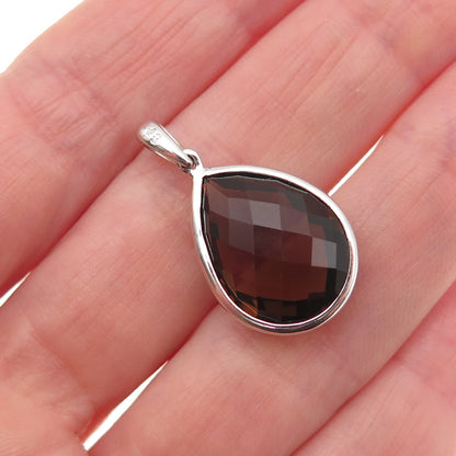 925 Sterling Silver Real Round-Cut Diamond & Pear-Cut Smoky Quartz Charm Pendant