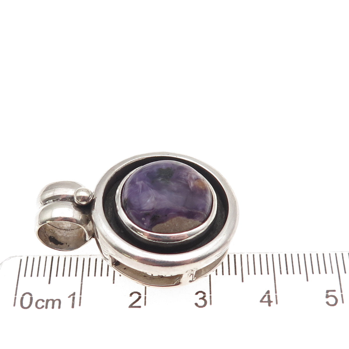 925 Sterling Silver Vintage Real Charoite Modernist Oxidized Charm Pendant
