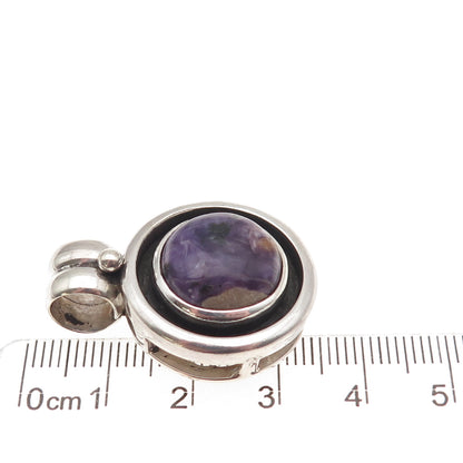 925 Sterling Silver Vintage Real Charoite Modernist Oxidized Charm Pendant