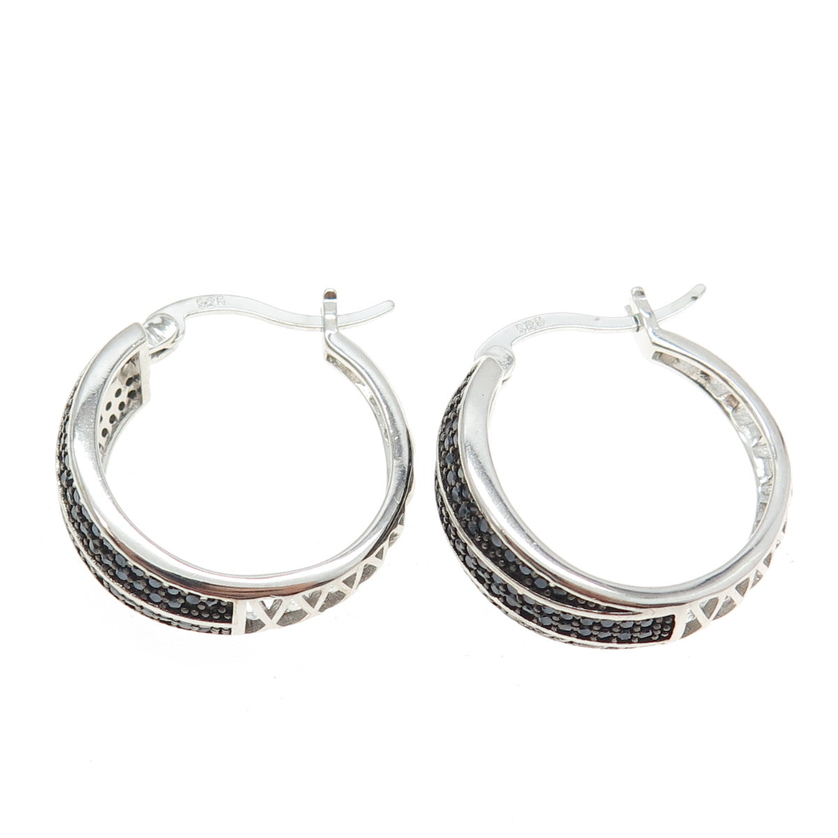 925 Sterling Silver Black C Z Hinged Hoop Earrings