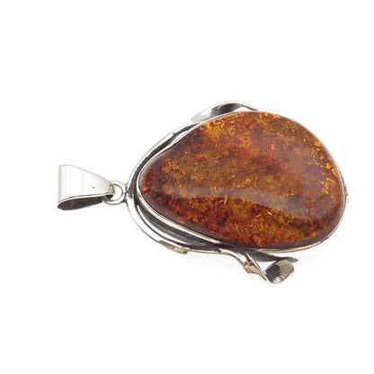 925 Sterling Silver Vintage Real Amber Modernist Oxidized Pendant
