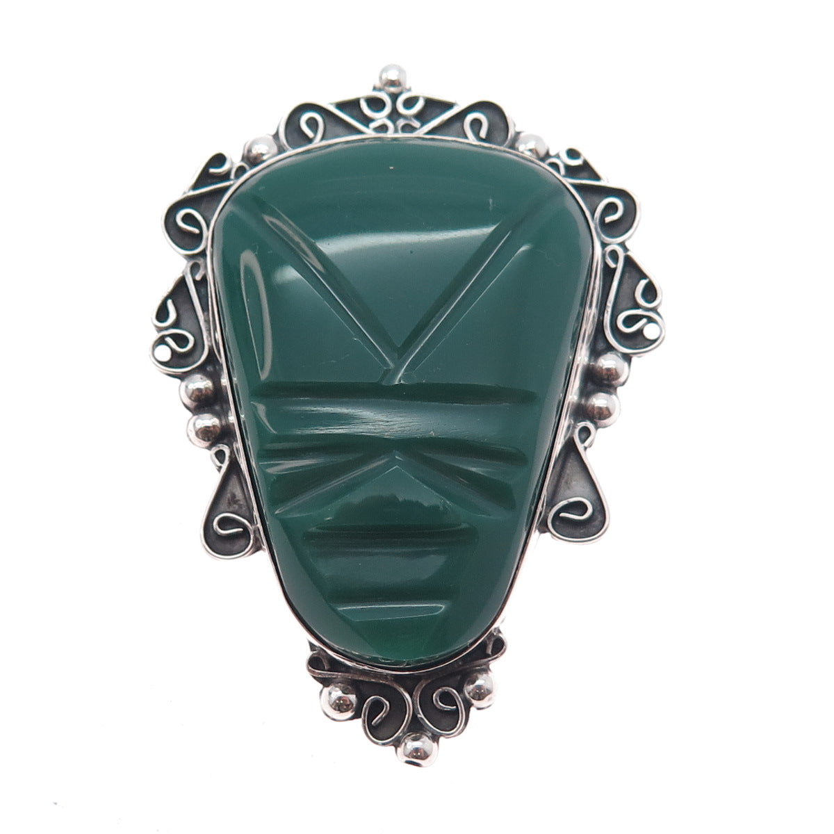 925 Sterling Silver Vintage Mexico Real Green Onyx Aztec God Pin Brooch Pendant