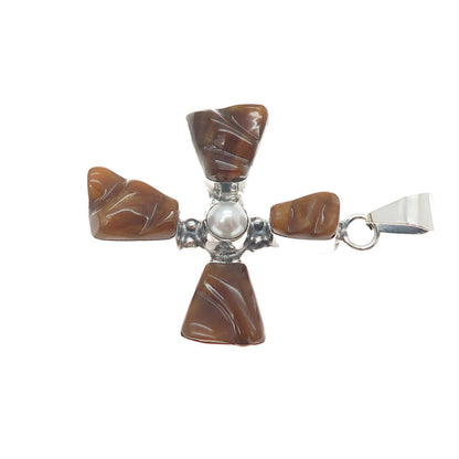 925 Sterling Vintage HOB Mexico Real Pearl & Faux Amber Modernist Cross Pendant