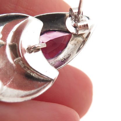 925 Sterling Silver Vintage Real Amethyst Modernist Oxidized Dangle Earrings