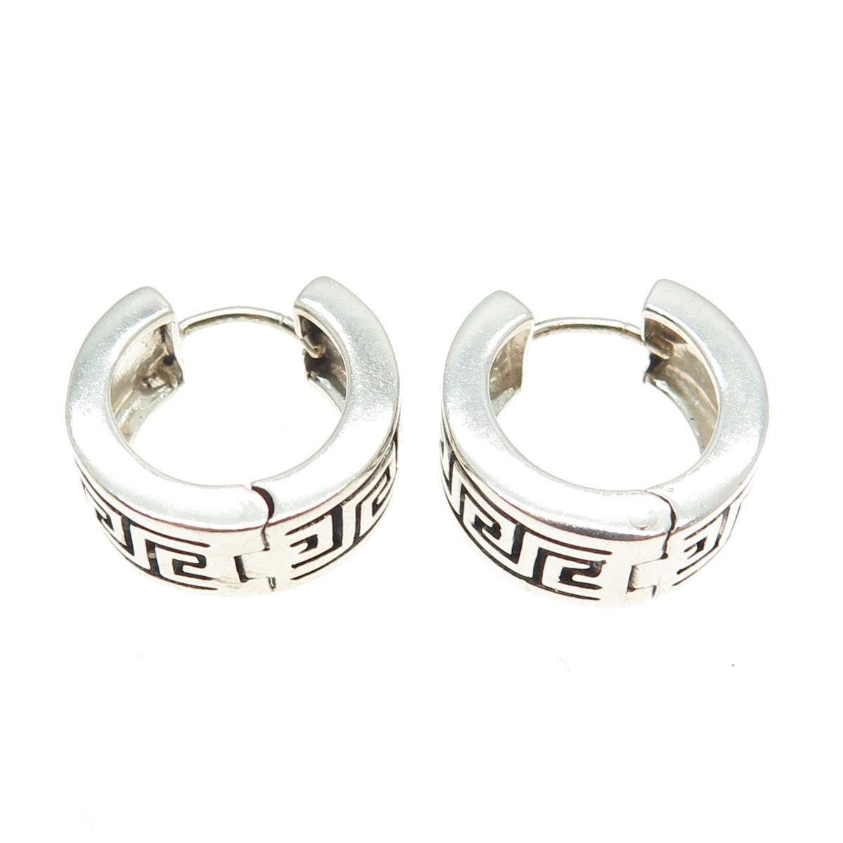 925 Sterling Silver Vintage Greek Maze Hinged Hoop Earrings