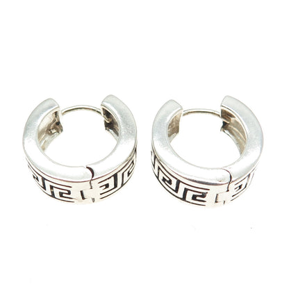 925 Sterling Silver Vintage Greek Maze Hinged Hoop Earrings