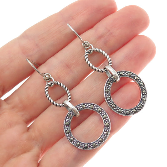 925 Sterling Silver Vintage Real Marcasite Multi-Circle Dangle Earrings