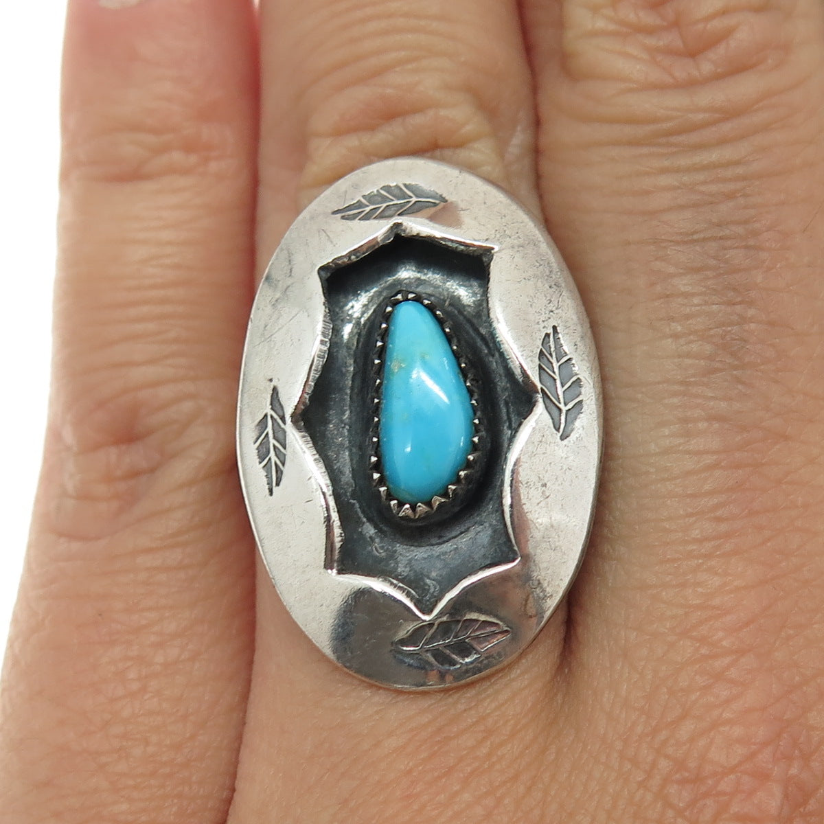 Old Pawn 925 Sterling Silver Sleeping Beauty Turquoise Shadow Box Ring Size 7