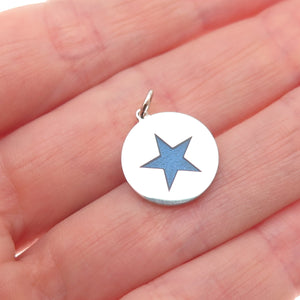 925 Sterling Silver Blue Enamel Star Round Tag Mini Charm Pendant