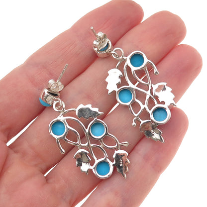 925 Sterling Vintage Real Sleeping Beauty Turquoise Floral Leaf Dangle Earrings