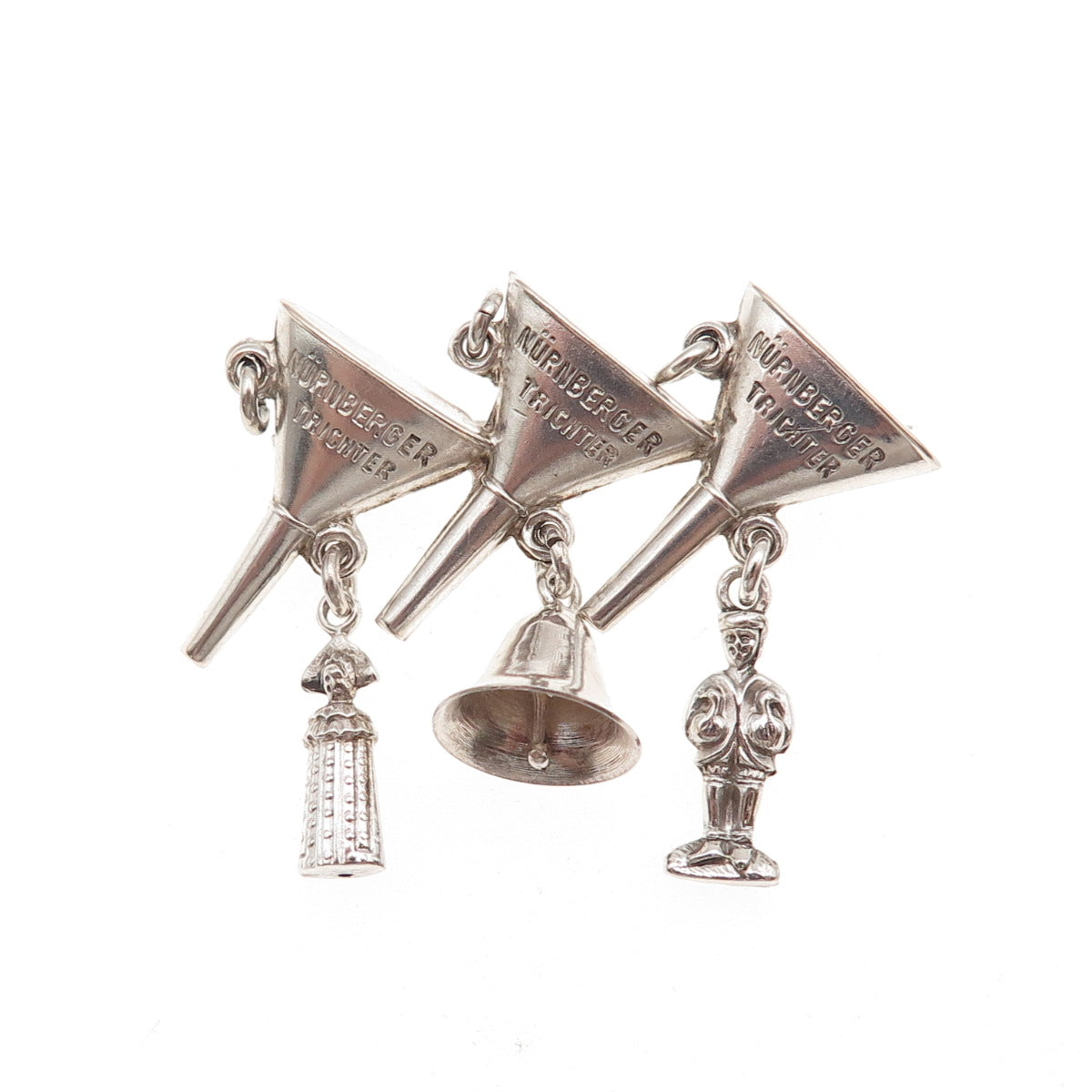 925 Sterling Silver Antique Art Deco Nuremberg Funnel Dangle Charms Pin Brooch